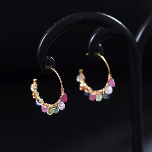 Natural Colorful Sapphire Hoop Earrings - Picture 4 of 6